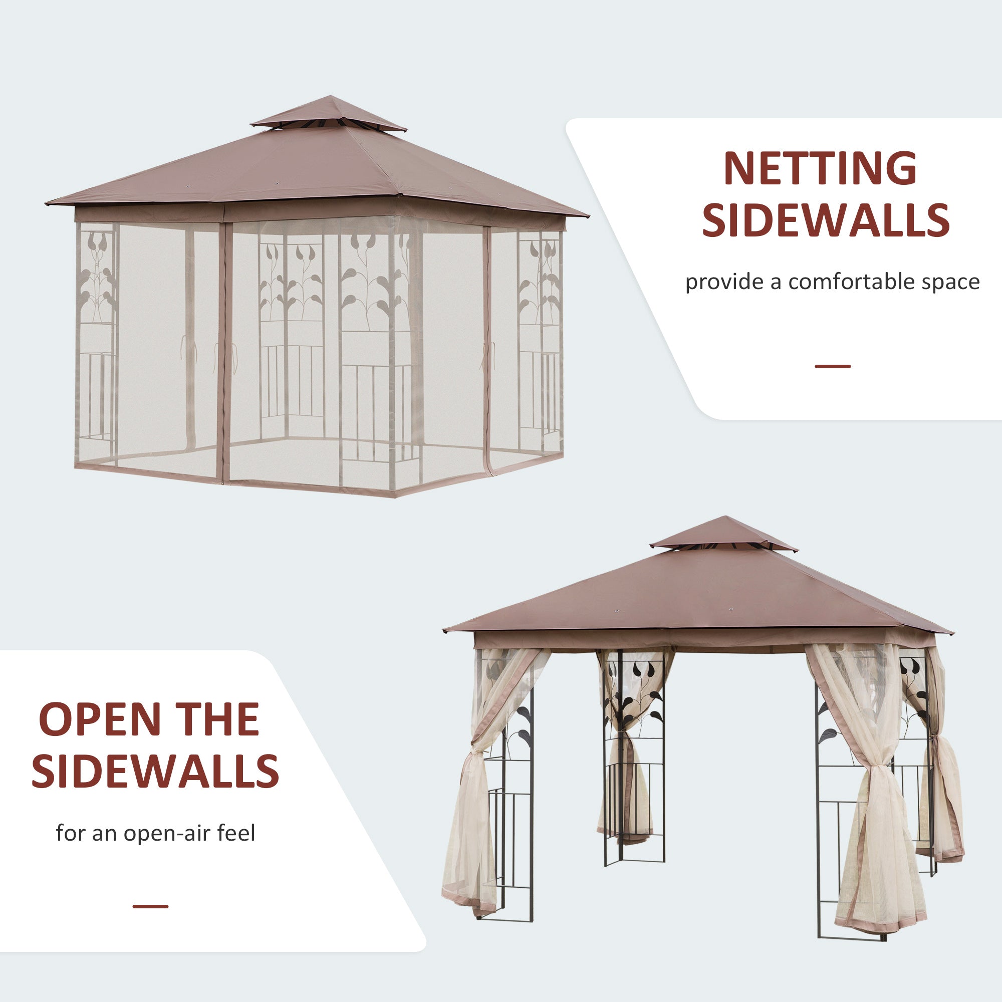 Outsunny 10'x10' Patio Gazebo Outdoor Canopy with 2-Tier Polyester Roof Mosquito Netting Brown