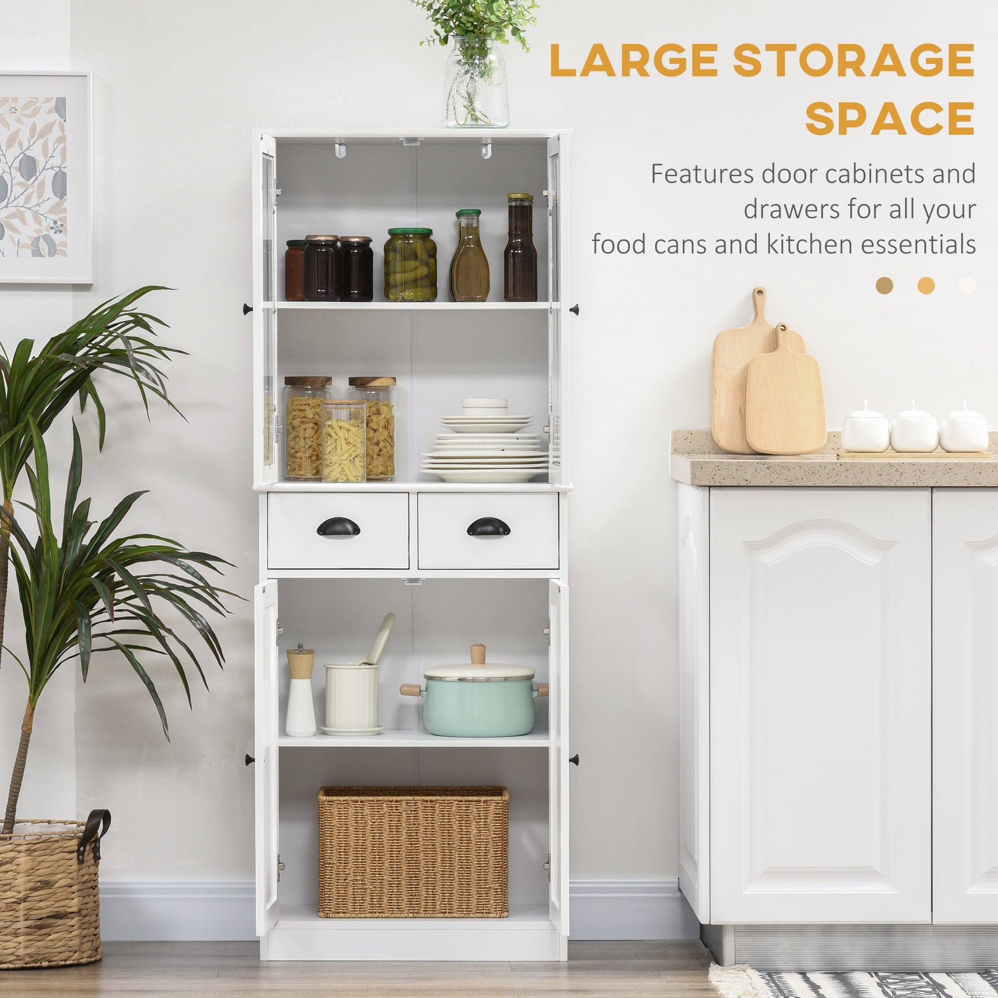 HOMCOM 61" Traditional Freestanding Kitchen Pantry Cabinet White Storage Soft Close Doors Shelves Drawers
