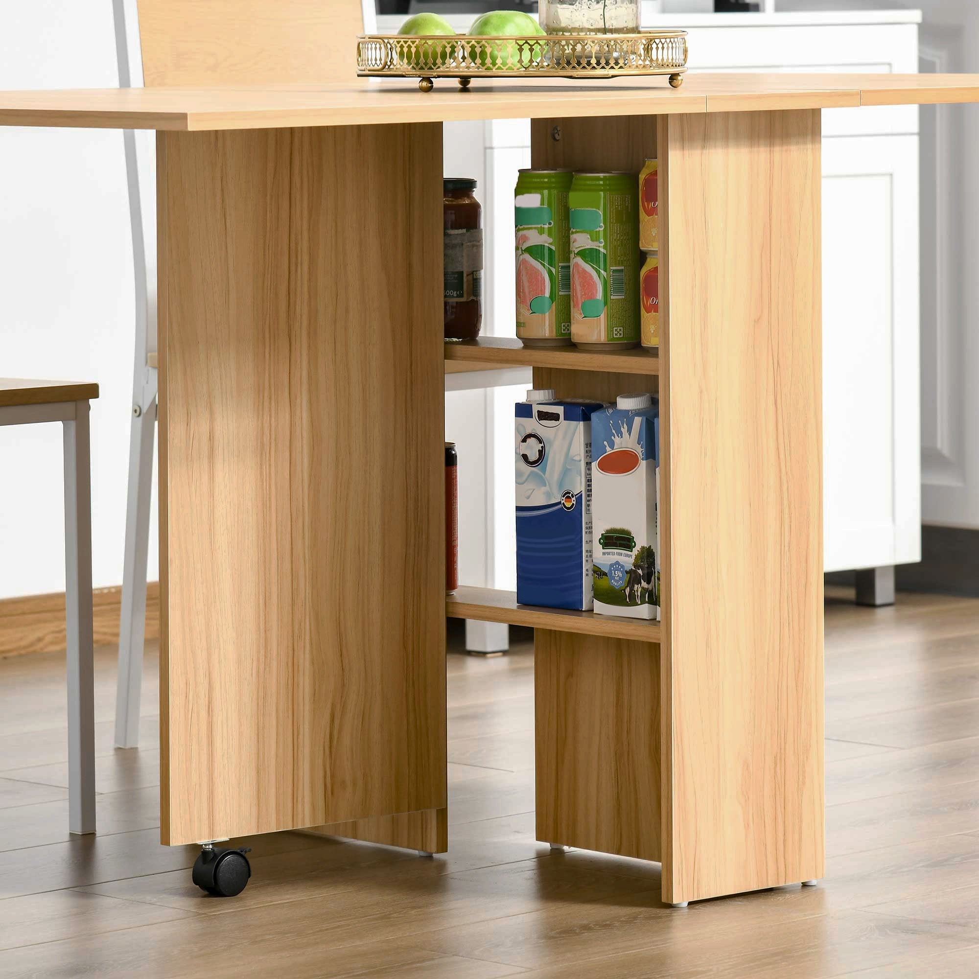 HOMCOM Foldable Drop Leaf Side Table Console Writing Desk with Storage Shelves 2 Wheels for Kitchen Teak Finish