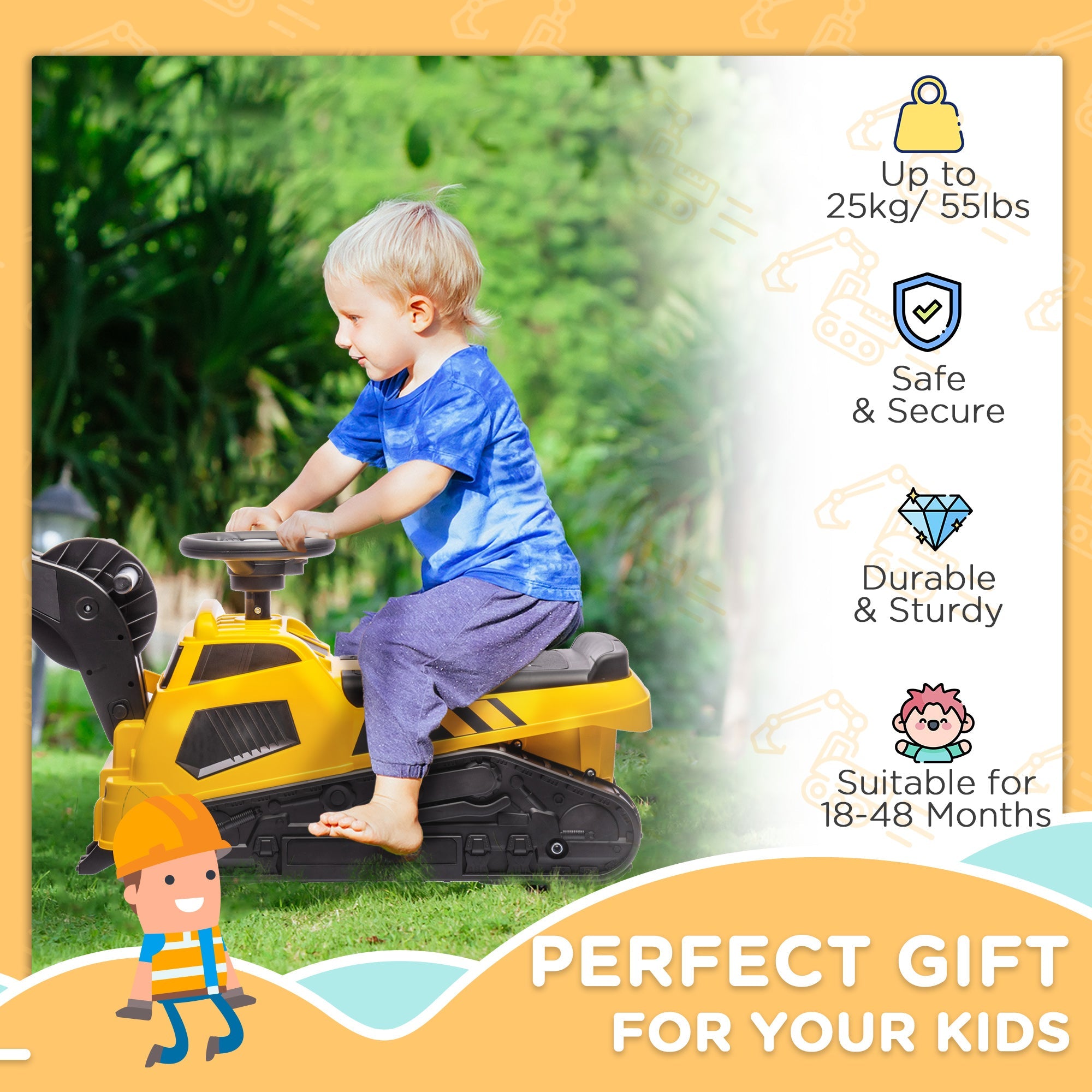 Aosom 3 in 1 Kids Ride On Excavator Bulldozer Road Roller Pretend Play Construction Toy with Music Yellow for 18-48 Months