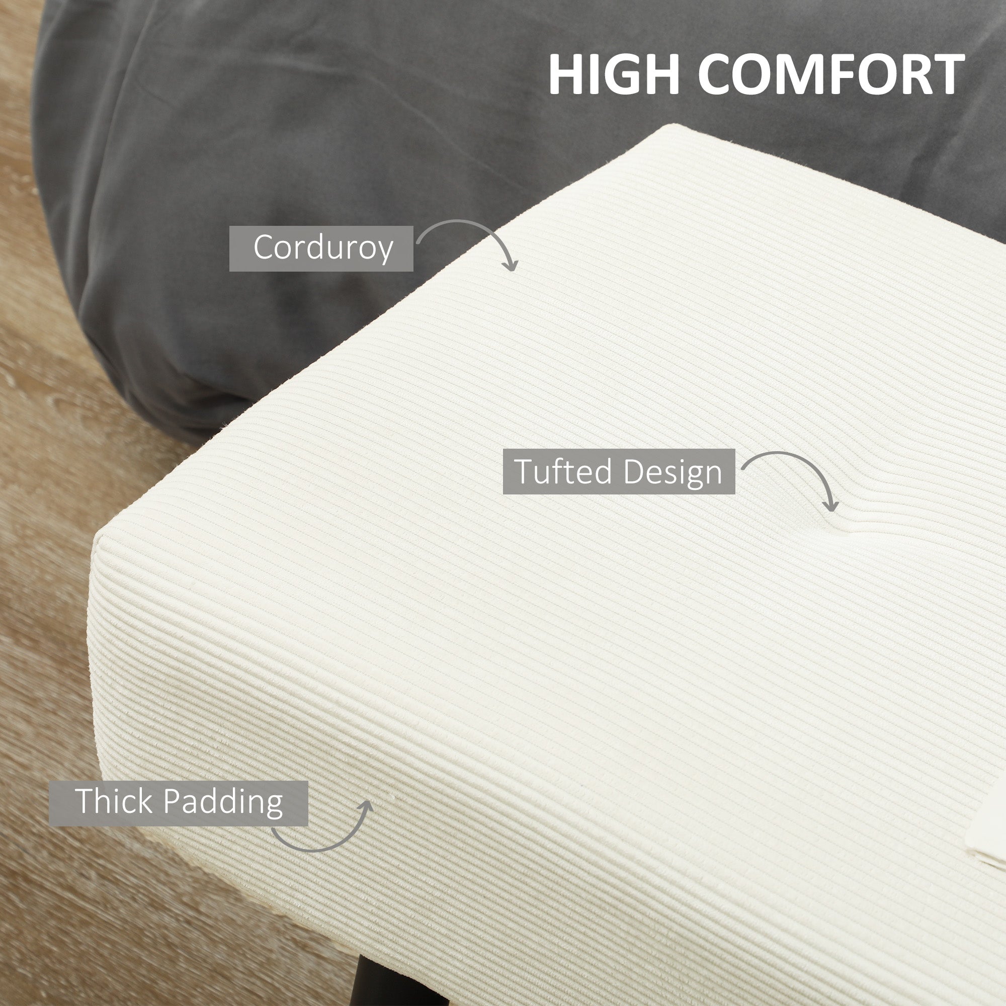 HOMCOM 39" Upholstered Ottoman Bench, Corduroy Entryway Bedroom Bench with Padded Seat and Steel Legs for Bedroom, Cream White