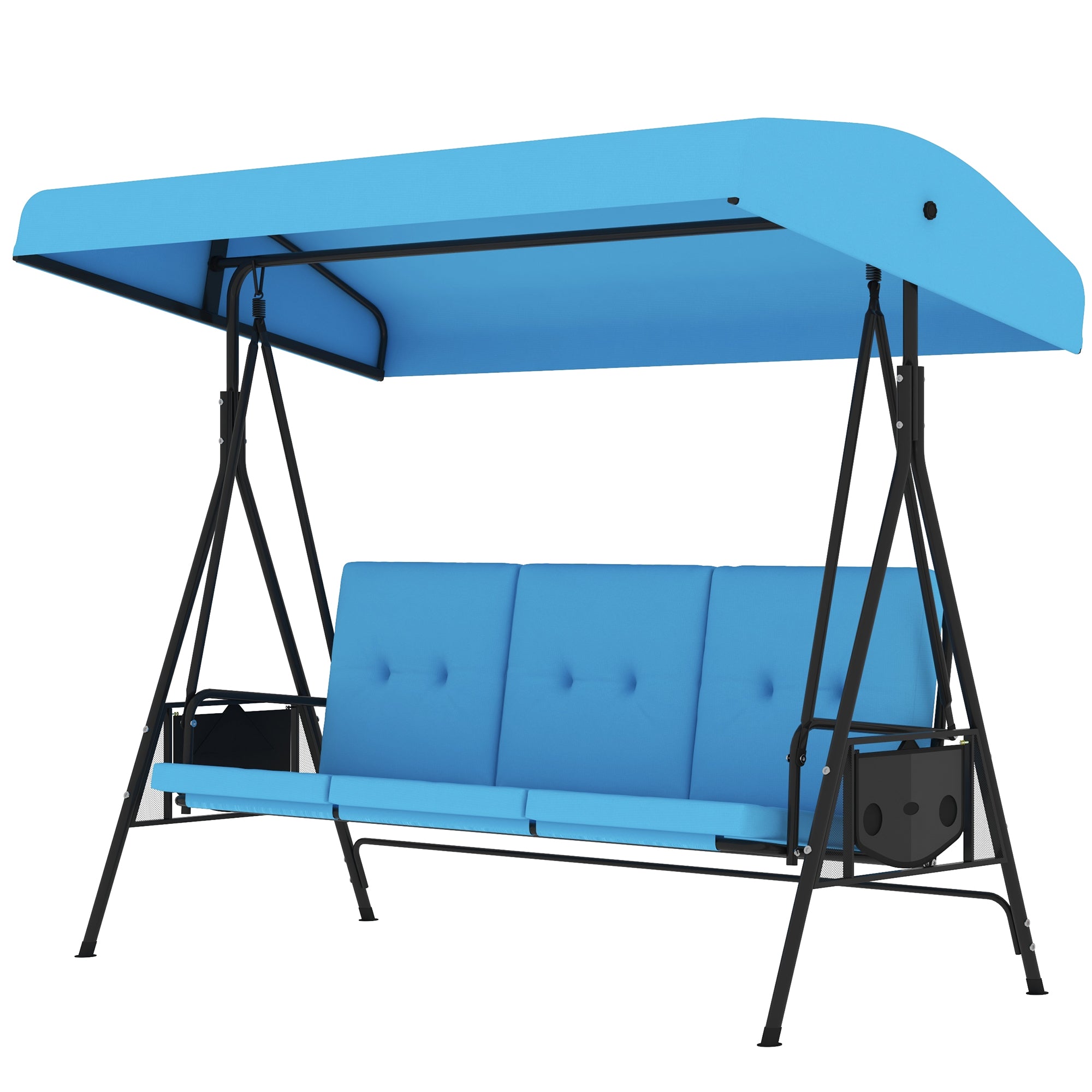 Outsunny 3-Seat Patio Swing with Adjustable Canopy & Side Tray, Outdoor Porch Swing, Removable Blue Cushion for Garden, Poolside