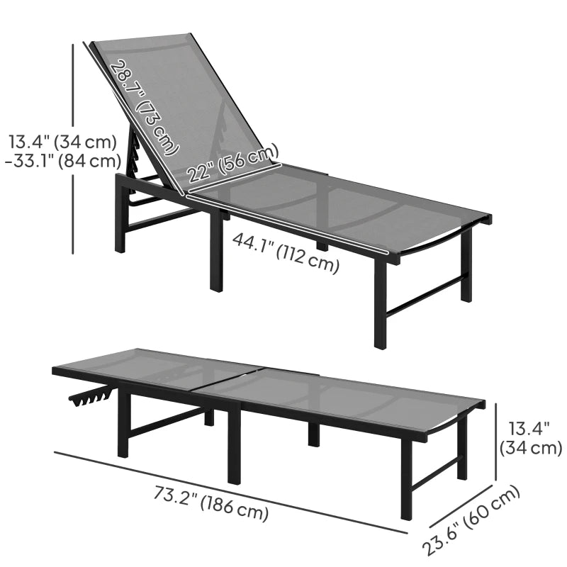 Outdoor Lounge Chair Set of 2, 5-Position Reclining Outdoor Chaise Lounge Tanning Chair with Mesh Seat, Grey