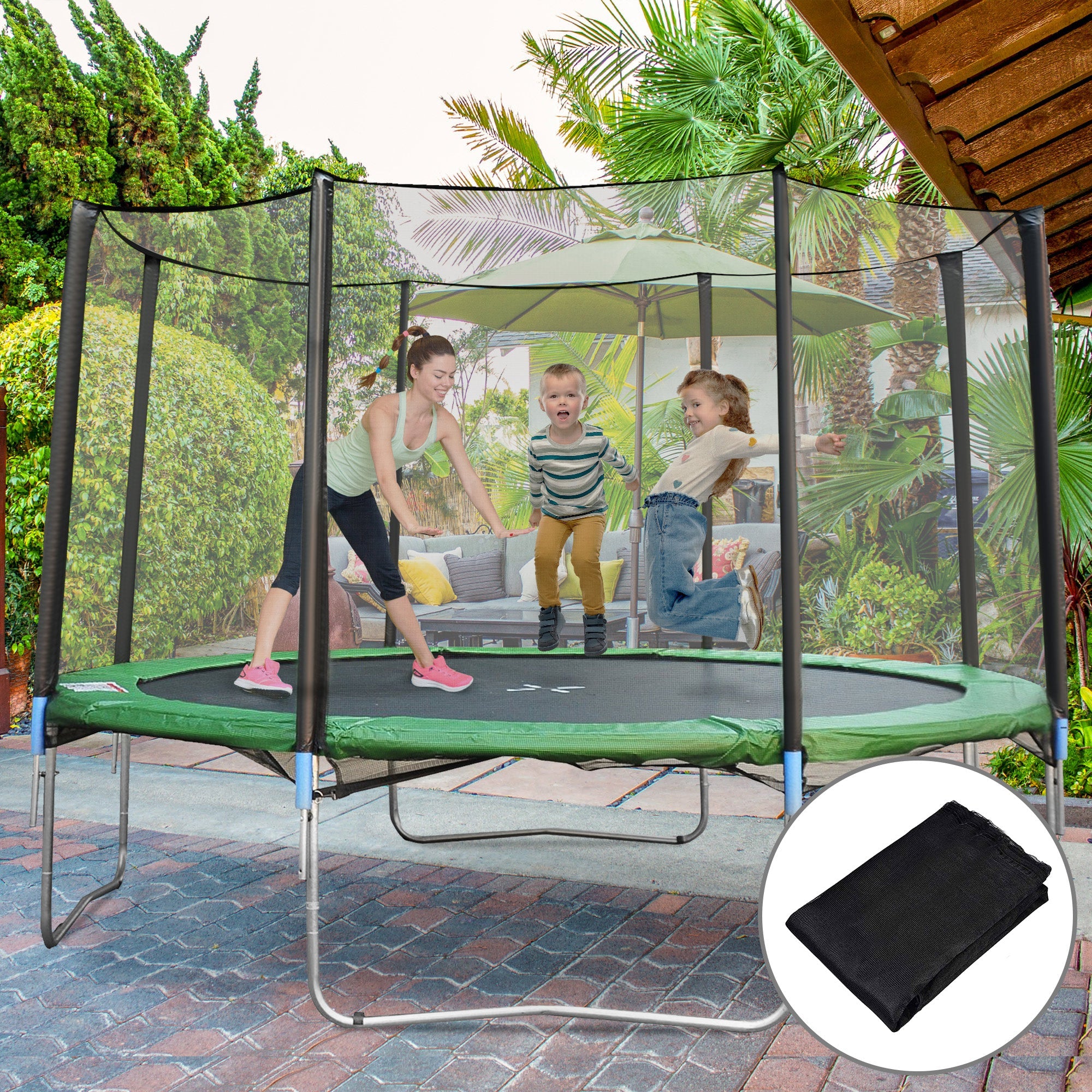 HOMCOM 12' Round Trampoline Replacement Net Enclosure Safety Net Fence with 4 Arch 8 Poles Black