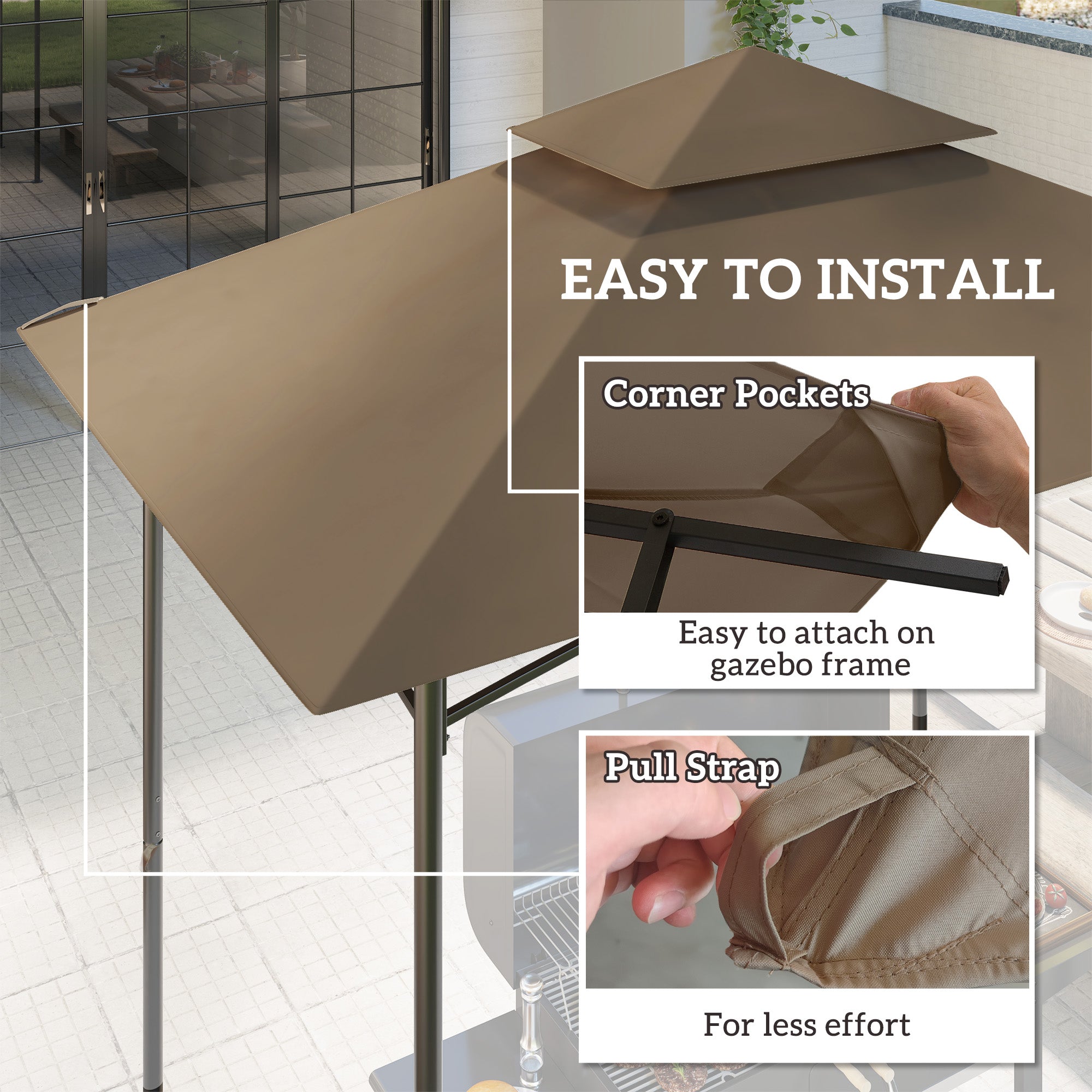 Outsunny BBQ Gazebo Canopy Replacement Roof, 5' x 8' Grill Gazebo Roof with UPF50+ Double Tiered Top Cover, Khaki