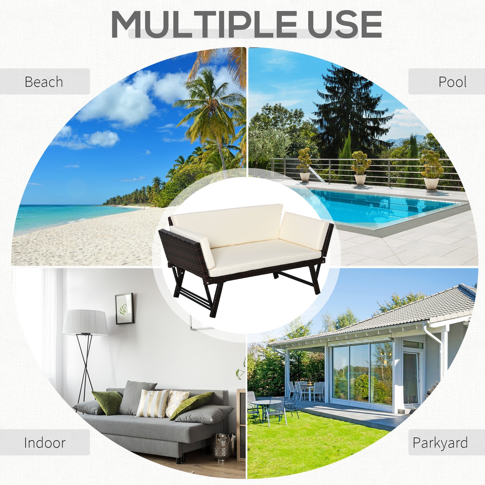 Outsunny Convertible Rattan Sofa Bed Chaise Lounge Wicker Loveseat Double Seat Cushion All Weather Patio Furniture Brown