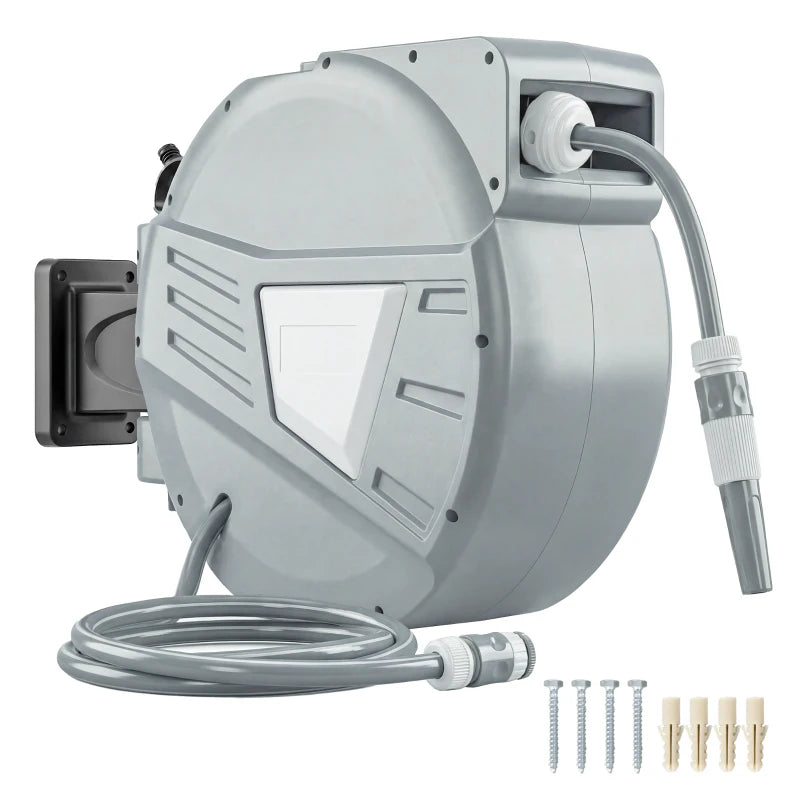 Retractable Garden Hose Reel, 1/2" x 98ft Wall Mounted Hose Reel with Auto Retraction, Self-Locking, Grey