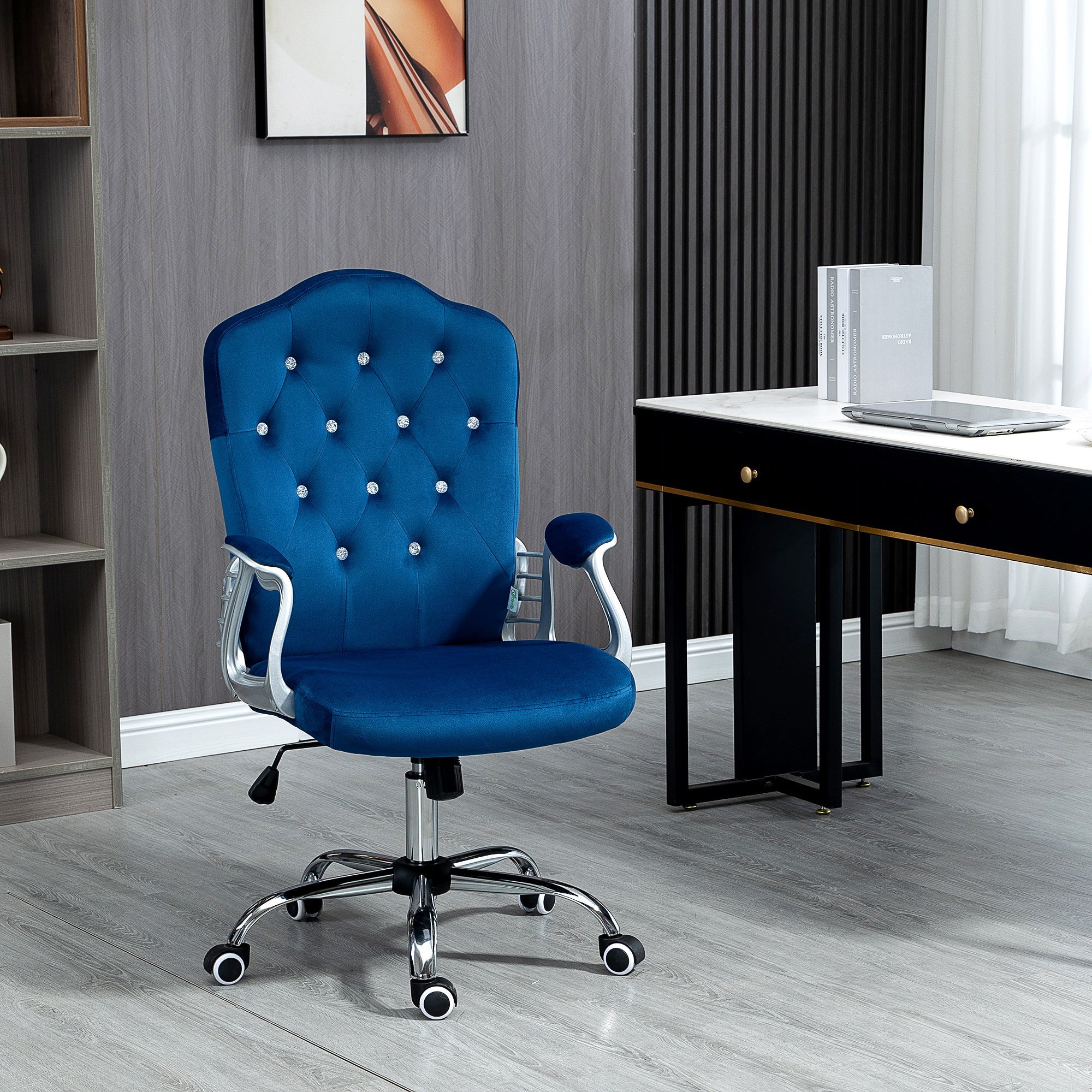 Vinsetto Elegant Velvet Office Chair: Blue Button Tufted, Swivel Desk Chair, Adjustable Height, Tilt Function