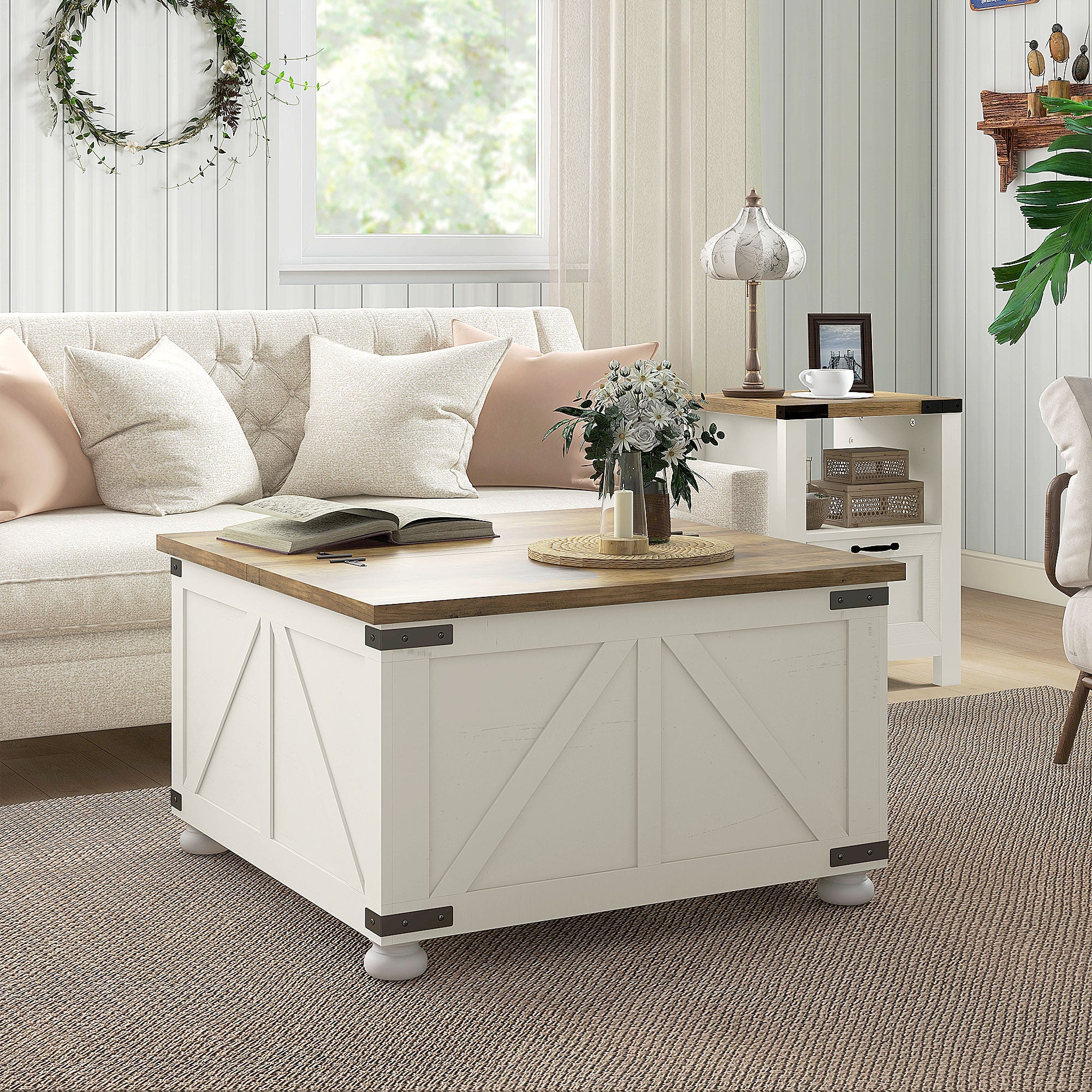 HOMCOM Antique White Farmhouse Coffee Table: Square Center Table with Flip-top Lids, Hidden Storage and Wooden Legs