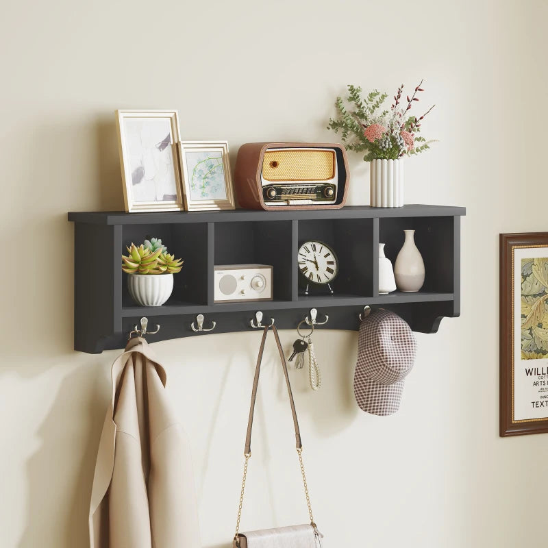 Coat Rack Wall Mount with Shelf, 28" Wall Coat Rack with 5 Hooks and 4 Compartments for Living Room, Entryway, Black