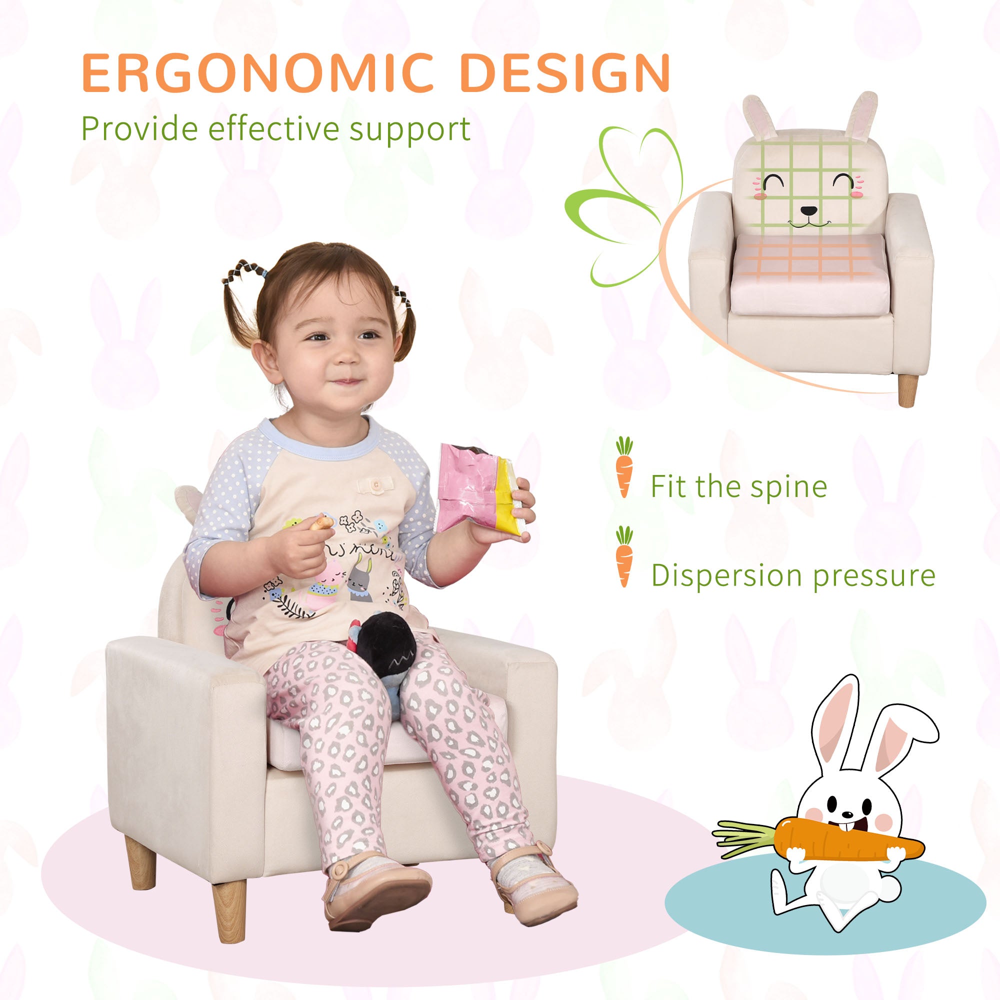 Qaba Kids Sofa: Charming Rabbit Ear Design, Sturdy Wooden Legs, Perfect for Preschool & Bedroom - Cream