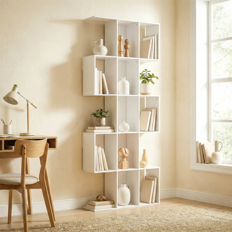 5-Tier Bookshelf, S Shaped Geometric Bookcase with 15 Compartments, White Wood Grain