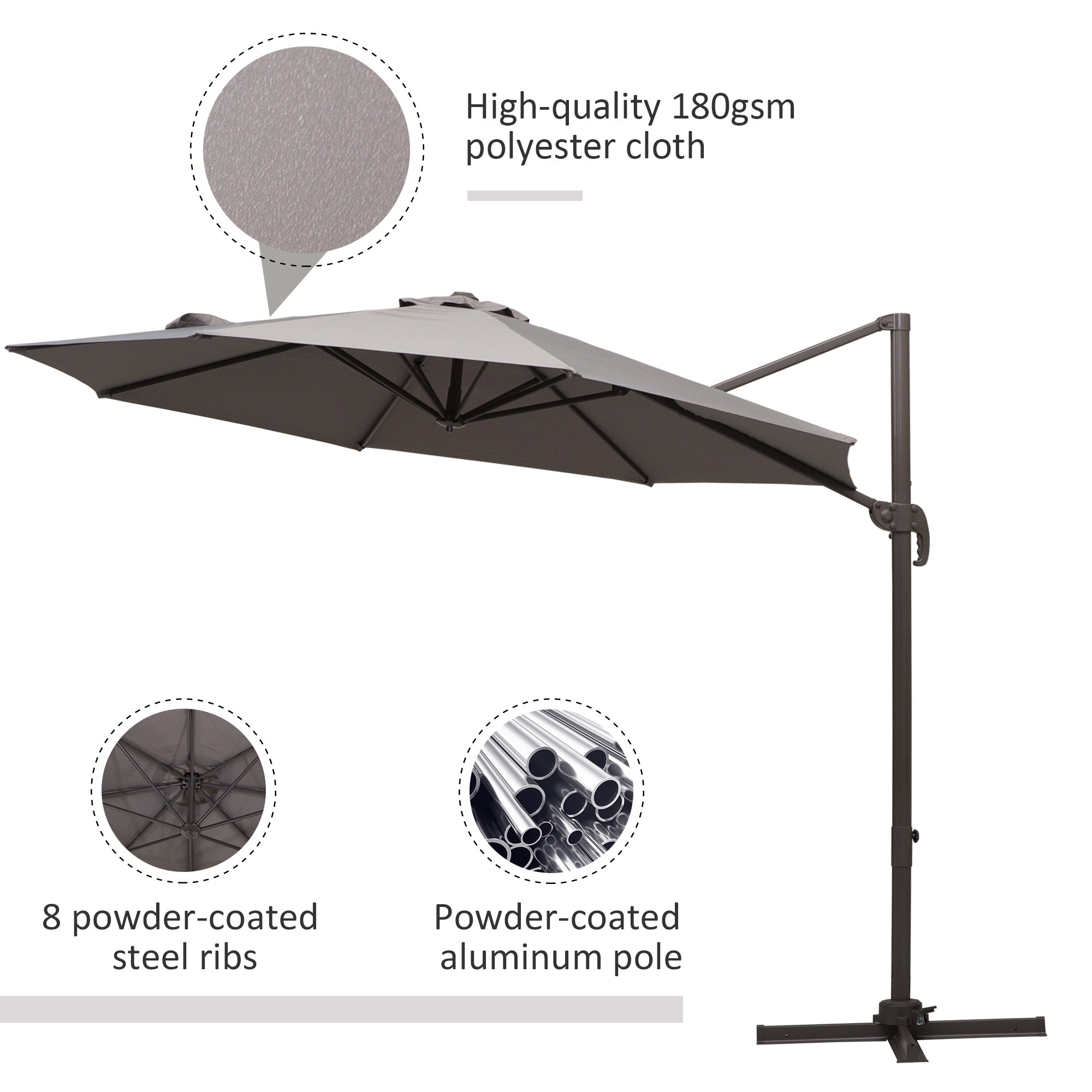 Outsunny Cantilever Hanging Patio Umbrella: 10ft 360° Rotatable Aluminum with Cross Base, Grey