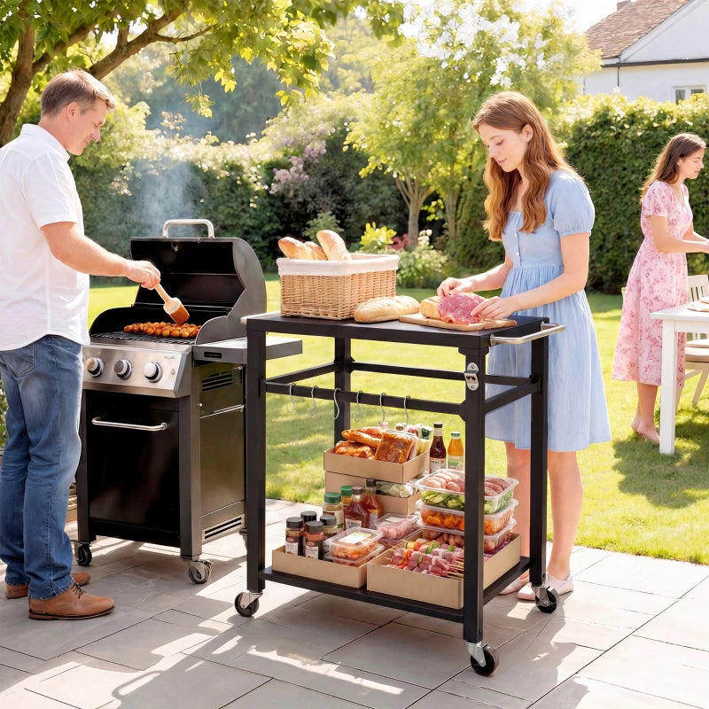 Outdoor Grill Cart, Pizza Oven Stand with Steel Top, 2-Tier Kitchen Prep Station with Hooks, Handle, Wheels, Black