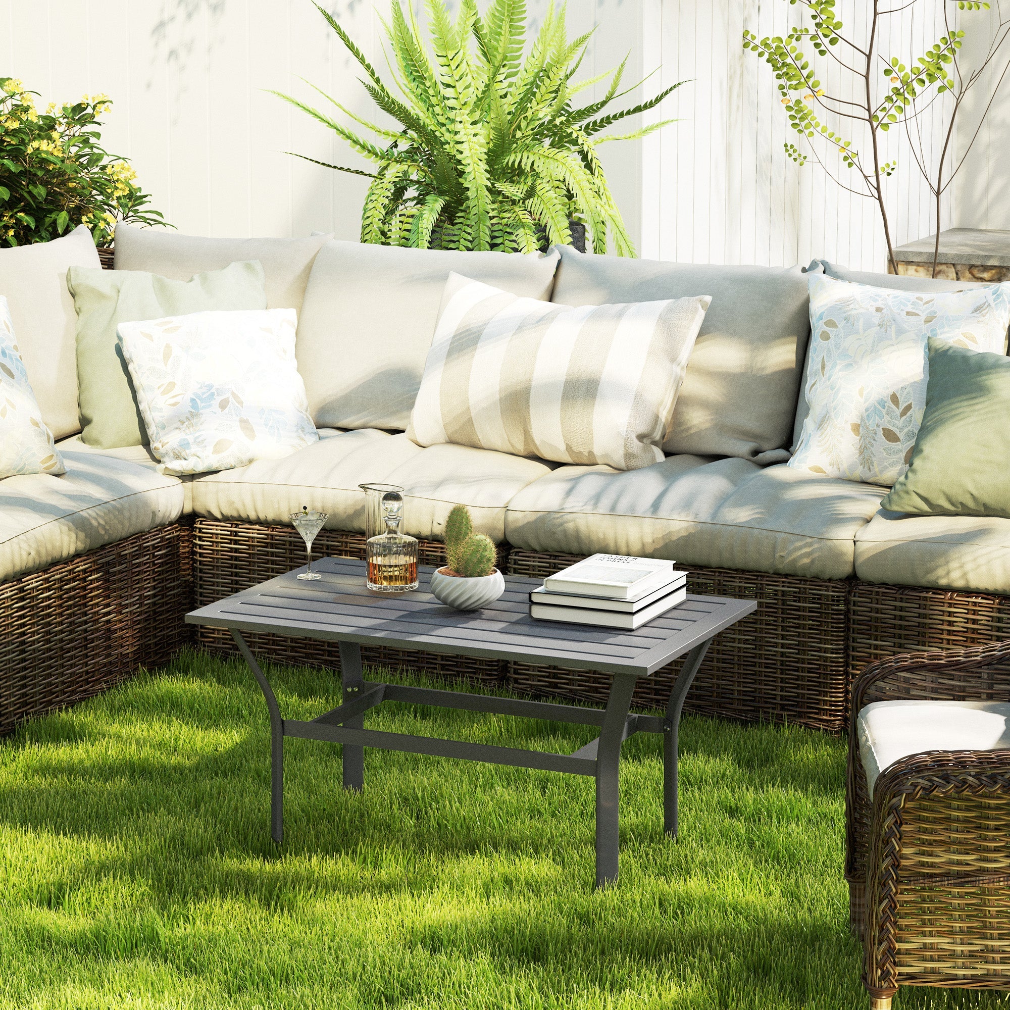 Outsunny Outdoor Side Table with Slatted Tabletop, Metal Patio Coffee Table for Garden, Balcony, Dark Grey