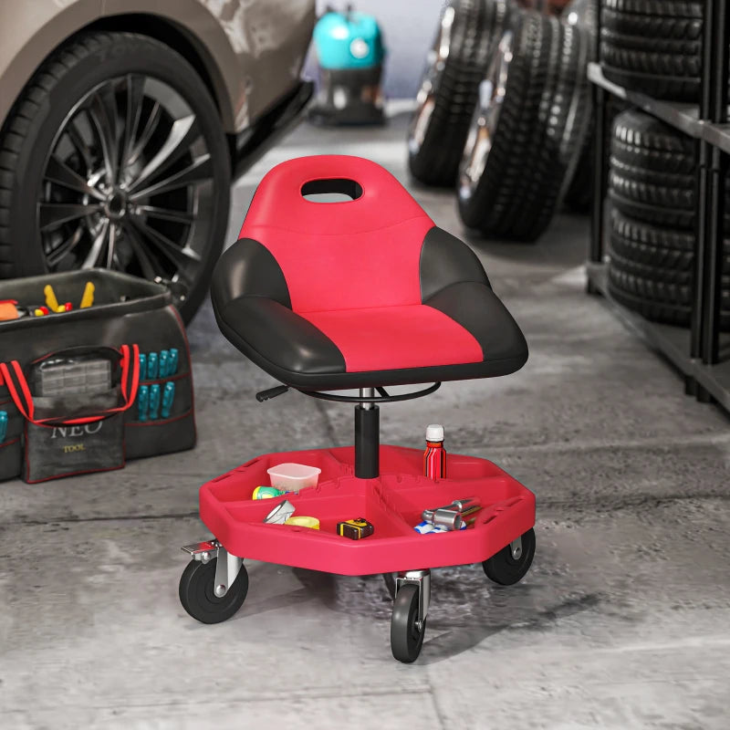 Rolling Garage Stool, 300 LBS Capacity Mechanic Stool with 5" Wheels, Tool Tray Storage, Adjustable Height, Red