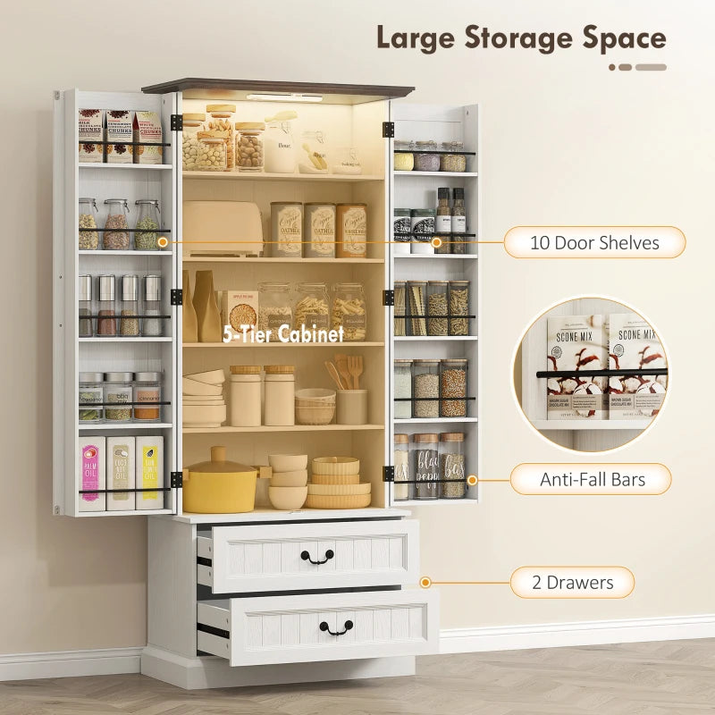 72" LED Kitchen Pantry Cabinet, Buffet Storage Cabinet with 10 Door Shelves, 2 Drawers and Adjustable Shelves, White