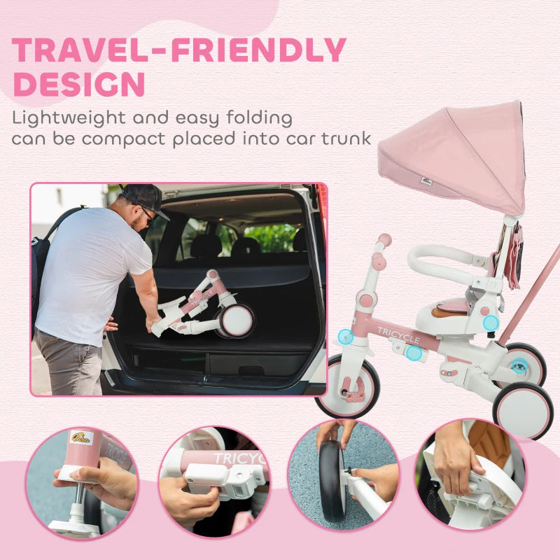 Qaba 7 in 1 Toddler Tricycle with Safety Harness, Adjustable & Removable Parent Handle, Canopy, Storage Bag, Brake, Pink