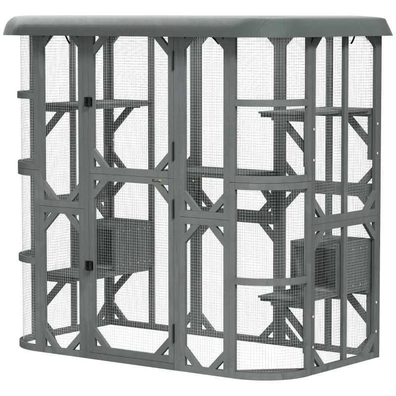 Catio Outdoor Cat Enclosure, 71" Wooden Cat House with Platforms, Condos and Waterproof Cover for 2–3 Kittens, Grey