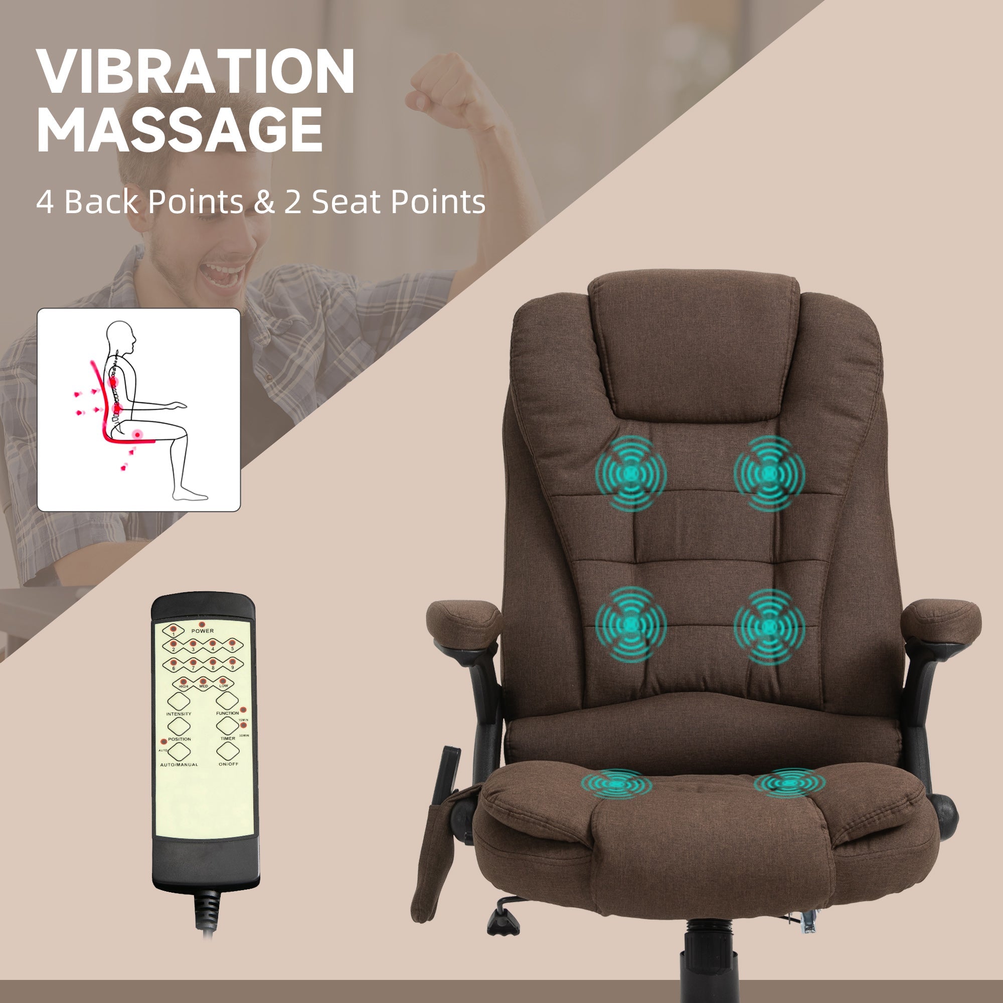 Vinsetto 6-Point Massage Executive Chair: Vibration, Reclining Back & Swivel Wheels, Brown