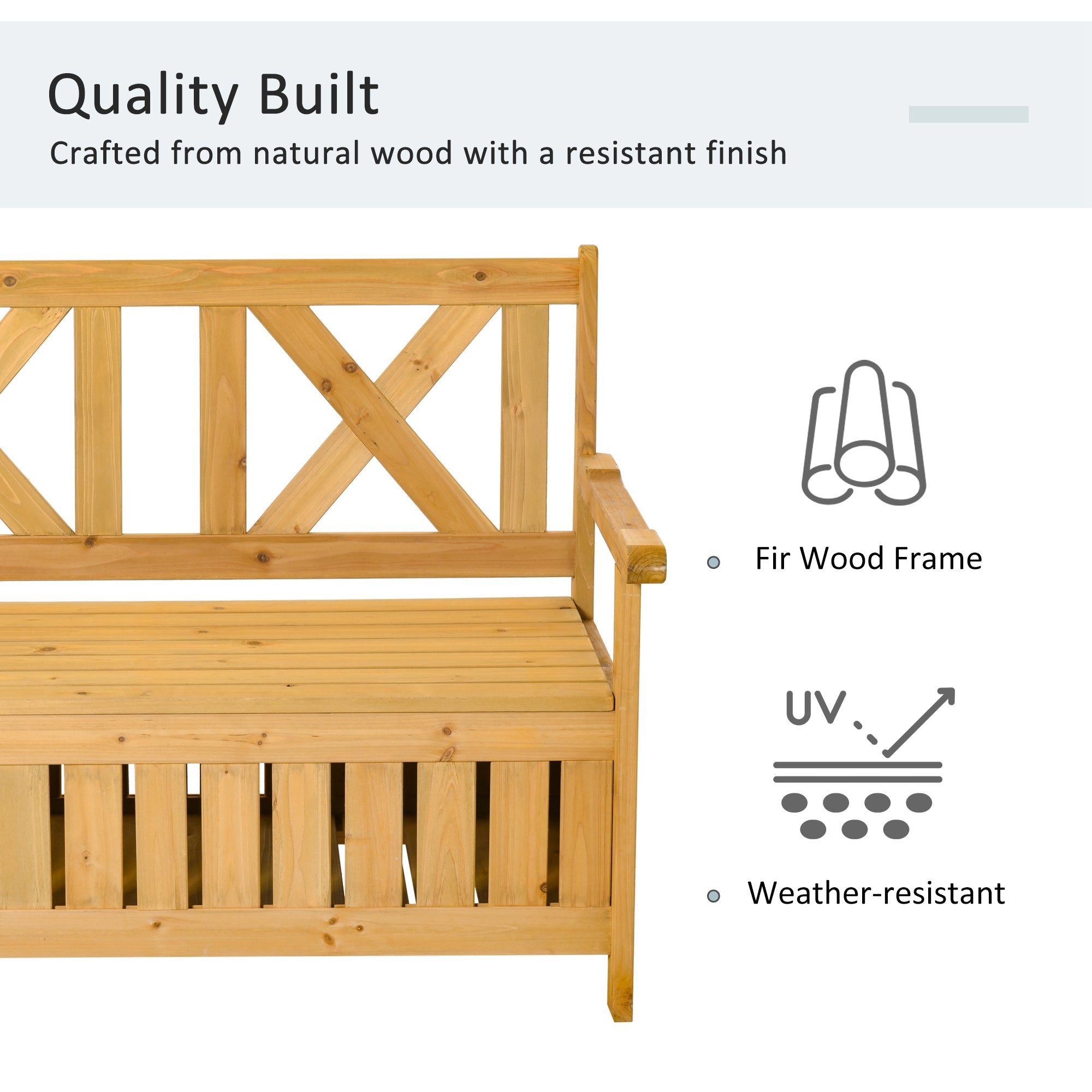 Outsunny Wooden Outdoor Storage Bench 2-Person Patio Bench with Louvered Side Panels and X-Shape Back for Garden, Patio, Natural