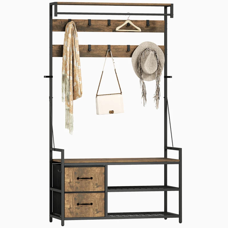 6-In-1 Hall Tree with Shoe Storage, Coat Rack Shoe Storage with 10 Hooks, 2 Fabric Drawers, Rustic Brown