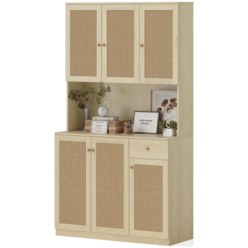 Kitchen Hutch with Microwave Countertop, 71" Boho Kitchen Pantry Cabinet with Decorative Rattan Doors, Natural