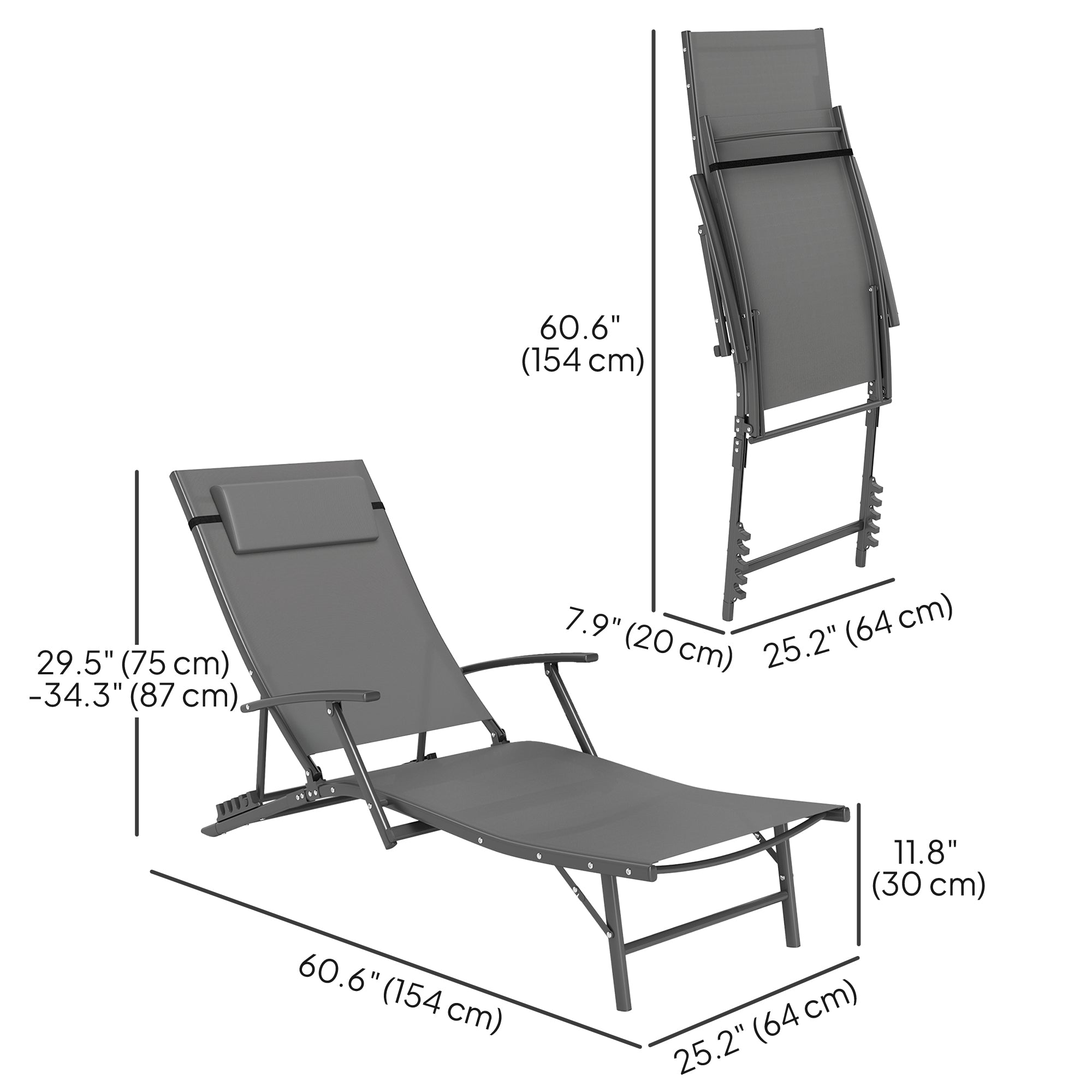 Outsunny Set of 2 Chaise Lounge Chairs, Folding Tanning Chair with Pillow, Outdoor Sun Lounger for Patio, Garden, Beach, Grey