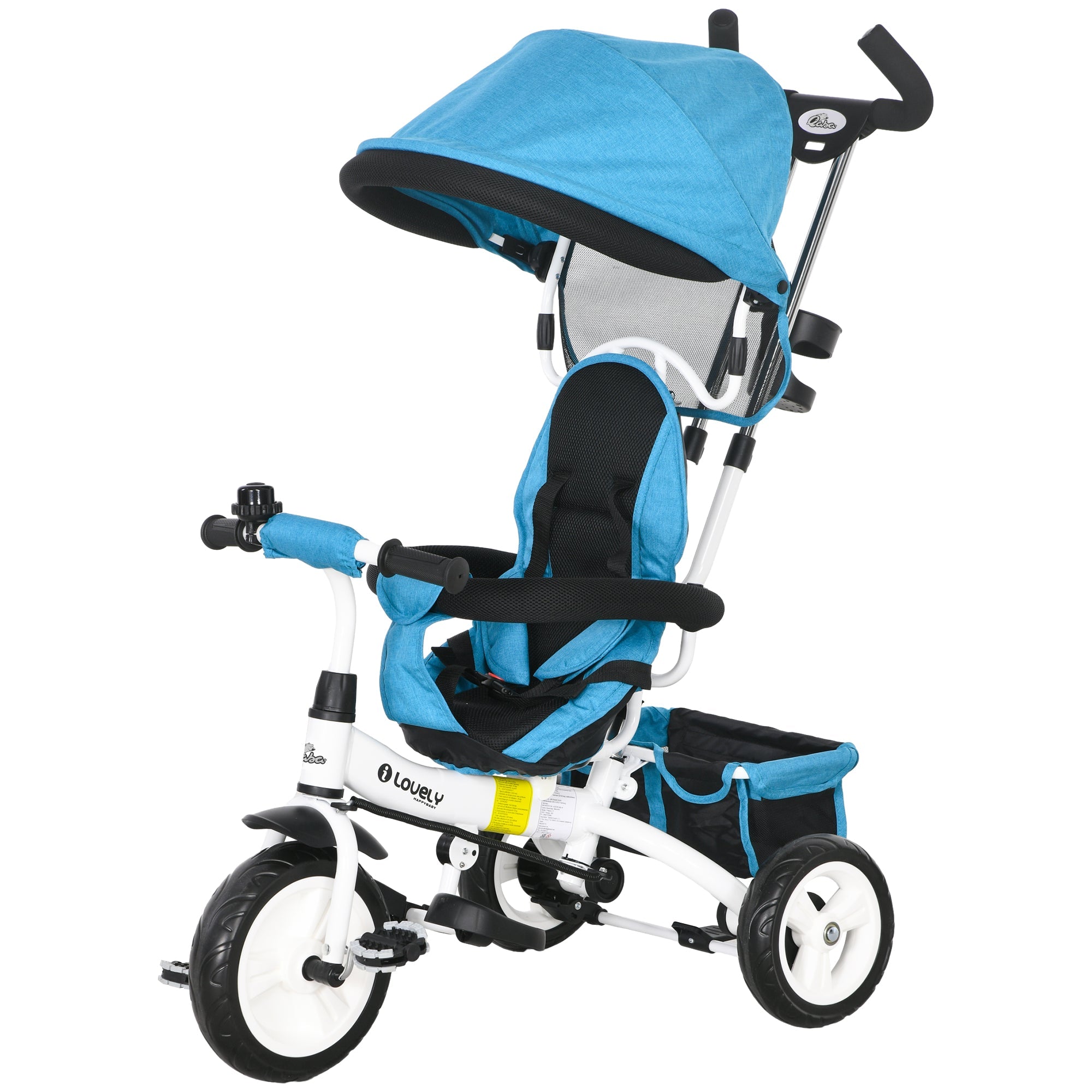Qaba 6-in-1 Kids Tricycle Stroller with Safety Harness, Canopy, Basket for Ages 1-5, Blue - Perfect Outdoor Toy