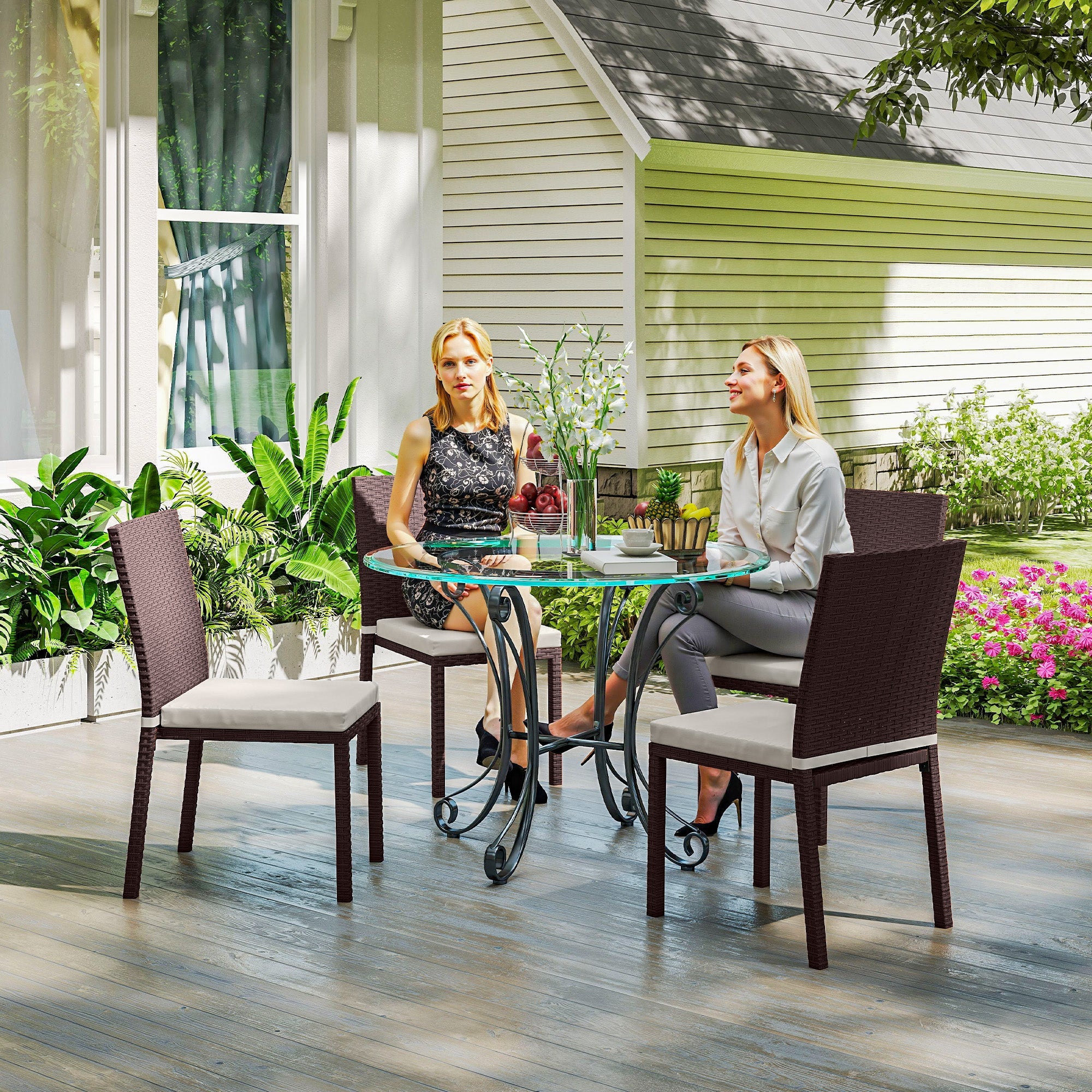 Outsunny Patio Dining Chairs Set of 4, All Weather Wicker Armless Outdoor Chairs with Steel Frame for Garden, Backyard, Beige