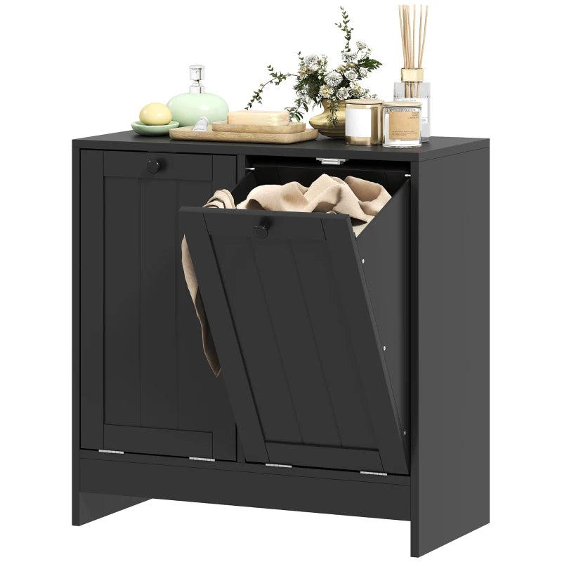 Tilt-Out Laundry Storage Cabinet, Modern Laundry Hamper with 2 Compartments for Bathroom Washroom, Black