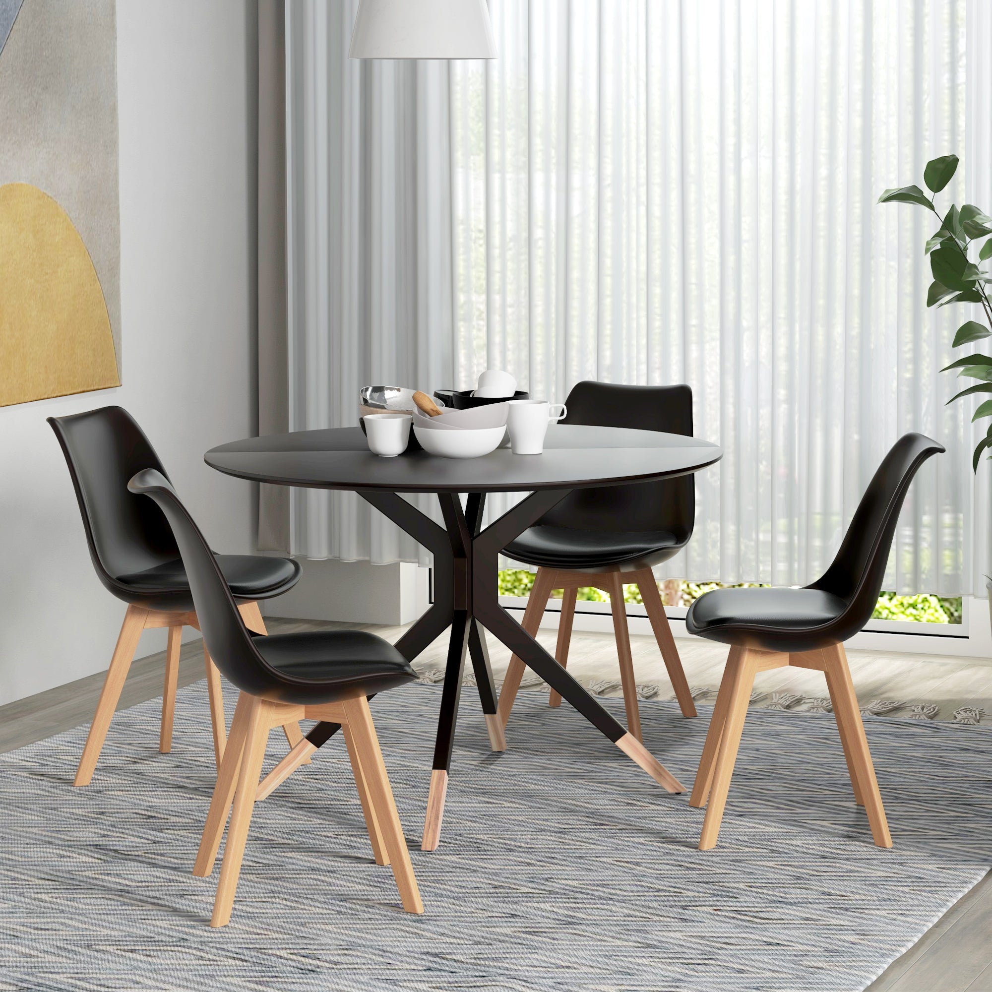 HOMCOM Modern Set of 4 Rubber Wood Dining Chairs PU Leather Cushion for Kitchen Living Room Bedroom