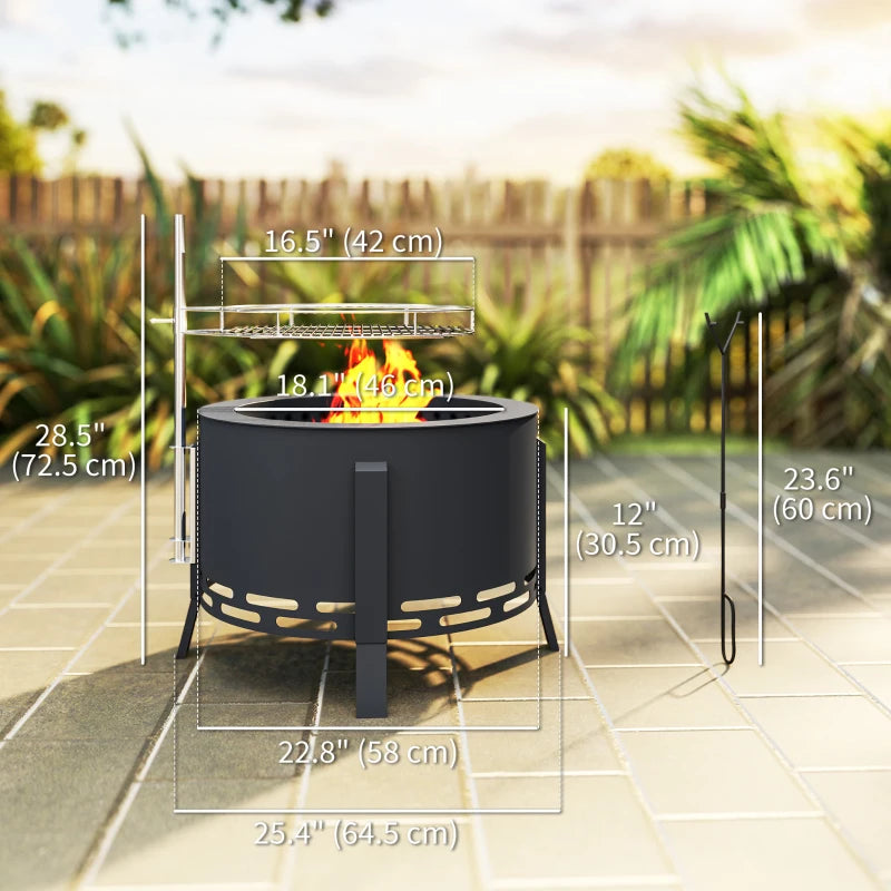 Outdoor Fire Pit, Round Firepit with Grill Grate, Fire Bowl with Ash Catcher and Poker for Backyard Camping Bonfire Picnic, Black