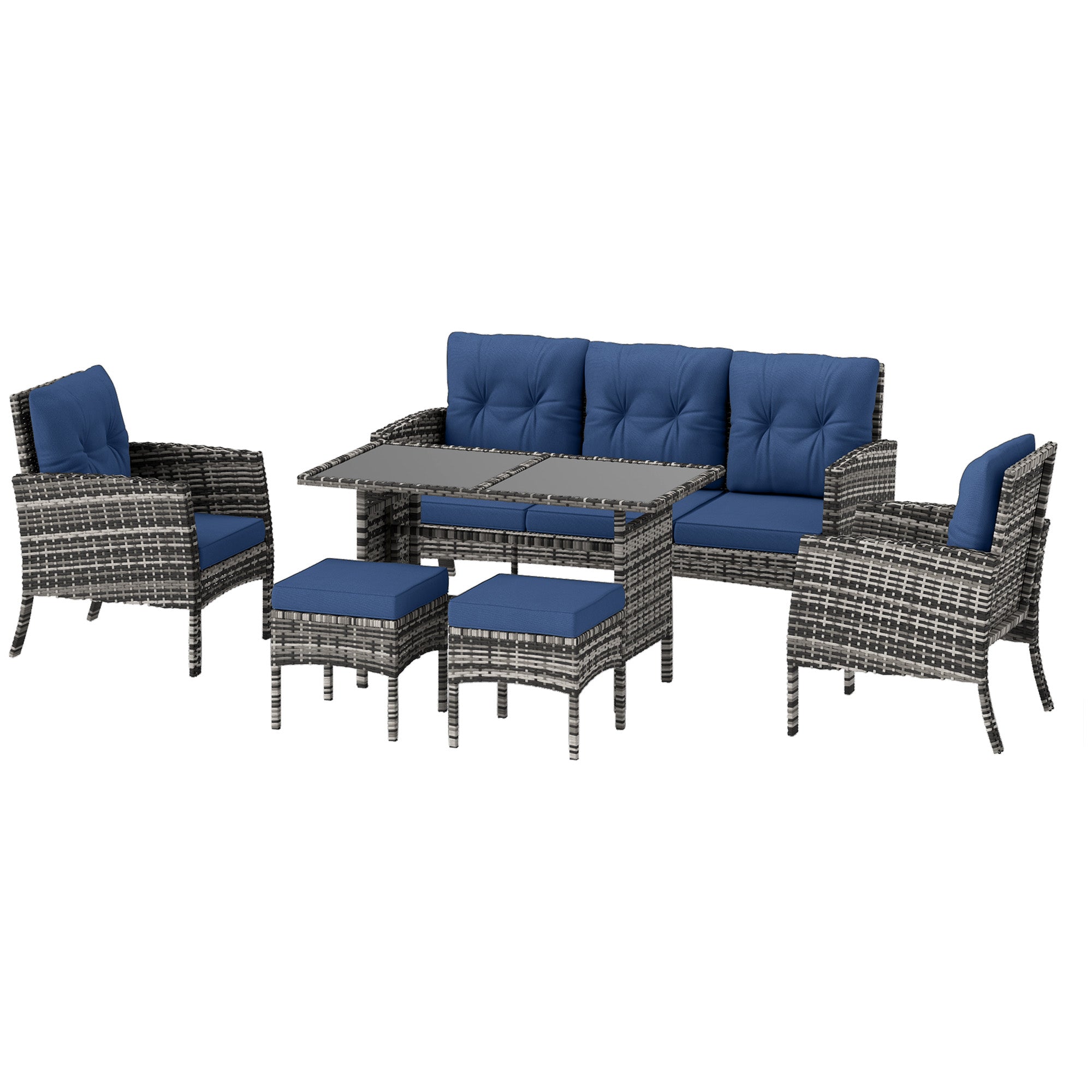 Outsunny 6 Piece Patio Furniture Set with Patio Chairs, Ottomans, Sofa, Glass Top Table and Cushions, Wicker Rattan Outdoor Furniture Set for Backyard, Porch, Navy Blue