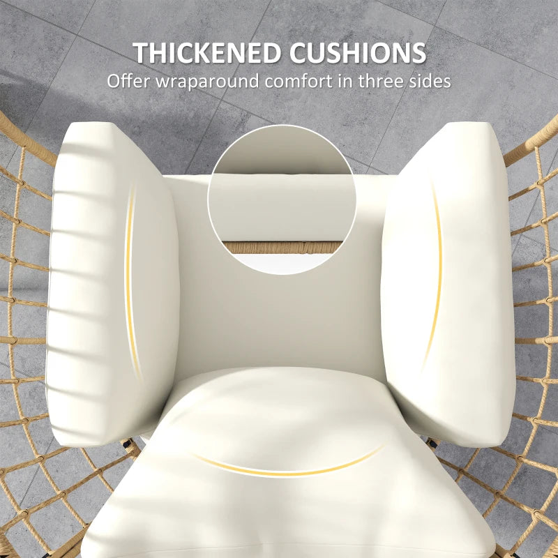 Oversized Rocking Chair, Indoor Outdoor Egg Chair w/ Thickened Cushions, Wicker Patio Lounger for Porch, Balcony, Beige