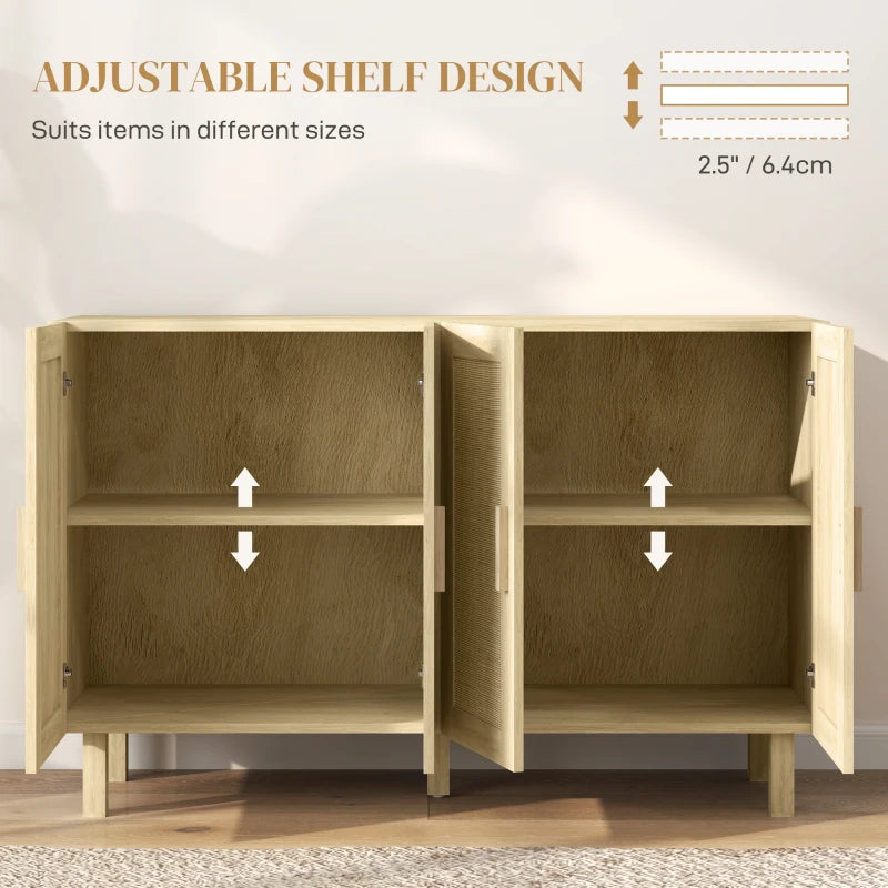 Boho Sideboard Buffet Cabinet, Storage Cabinet with 4 Rattan Doors and Adjustable Shelves, Natural