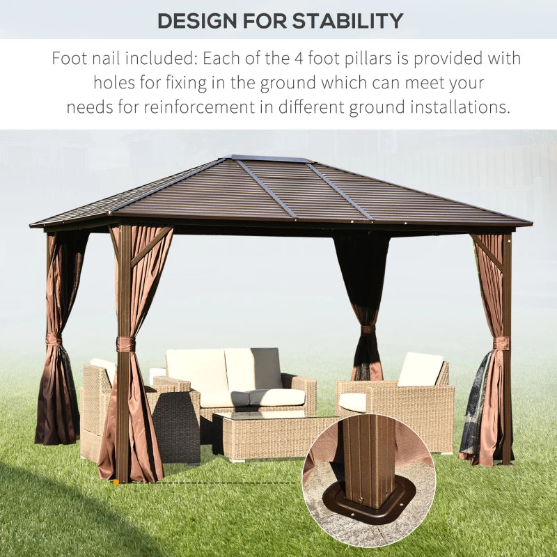 Outsunny 10' x 12' Hardtop Gazebo Steel Covered Gazebo Aluminum Frame Heavy Duty Outdoor Pavilion with Curtains and Netting, Brown