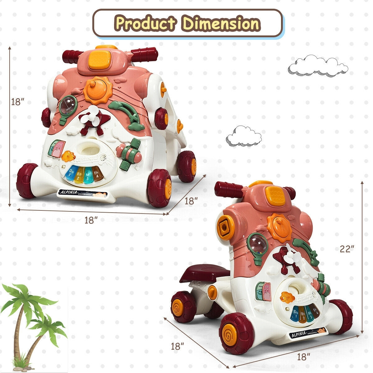 3-in-1 Baby Sit-to-Stand Walker with Music and Lights-PinkÂ