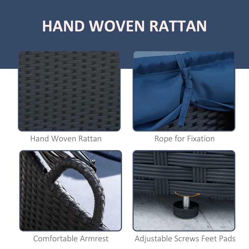 Outsunny 4 Pieces Patio PE Wicker Round Daybed, Outdoor Rattan Garden Lounge Furniture Sets, Dark Blue