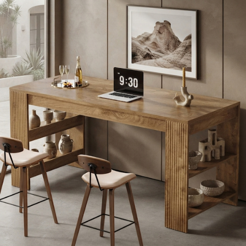 63" Kitchen Island, Large Home Bar Table with Double-Sided Storage Shelves, Rustic Wood-Grain Countertop