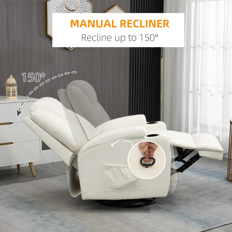 HOMCOM Massage Recliner Chair for Living Room with 8 Vibration Points, PU Leather Swivel Rocker Manual Reclining Chair with Cup Holders, Cream White