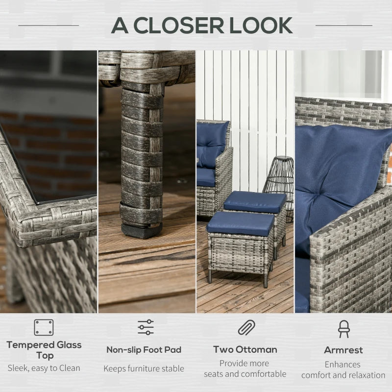 Outsunny 6pcs Outdoor Rattan Sofa Set Garden Wicker Sectional Couch Furniture Set with Dining Table and Chair Sky Blue