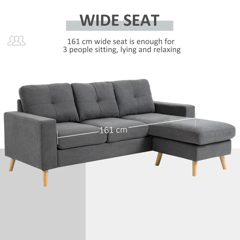 HOMCOM Sectional Sofa Couch, L Shaped Couch with Reversible Chaise, Wooden Legs for Living Room, Bedroom, Dark Grey