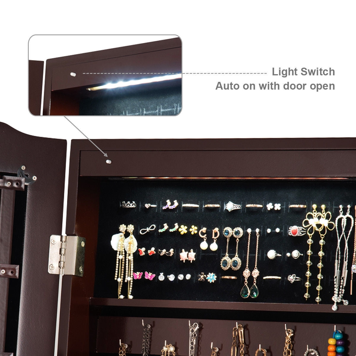 Mirrored Jewelry Cabinet Storage With Drawer And Led Lights -CoffeeÂ