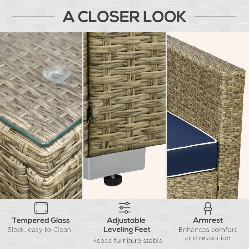 Outsunny 6 Pieces Outdoor PE Rattan Wicker Patio Furniture Sofa Set with Thick Cushions, Deluxe Garden Sectional Couch with Glass Top Table, Yellow and Navy Blue