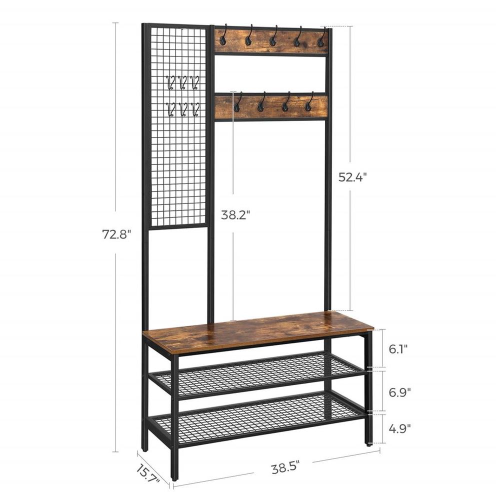 VASAGLE Industrial Coat Rack Shoe Bench with Grid Wall
