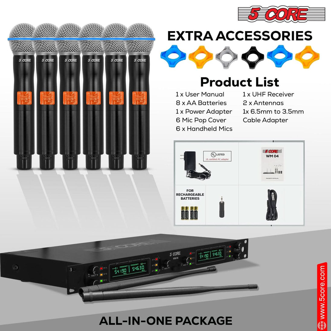 5 Core Wireless Microphone System 6 Channel UHF Portable Receiver w 6 Cordless Dynamic Mic 492F Range