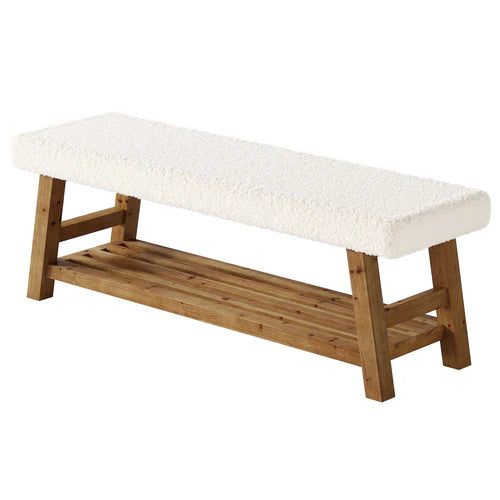 55" Upholstered Entryway Bench, 2-Tier Shoe Storage Bench with Solid Wood Frame and Cushion, White & Brown