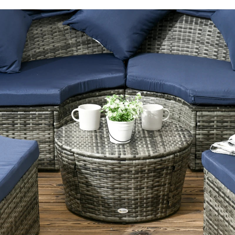 Outsunny 4 Pieces Outdoor Daybed with Retractable Canopy, PE Rattan Wicker Round Sofa Day Bed, Patio Sectional Conversation Furniture Set with Cushions and Pillows, Dark Blue