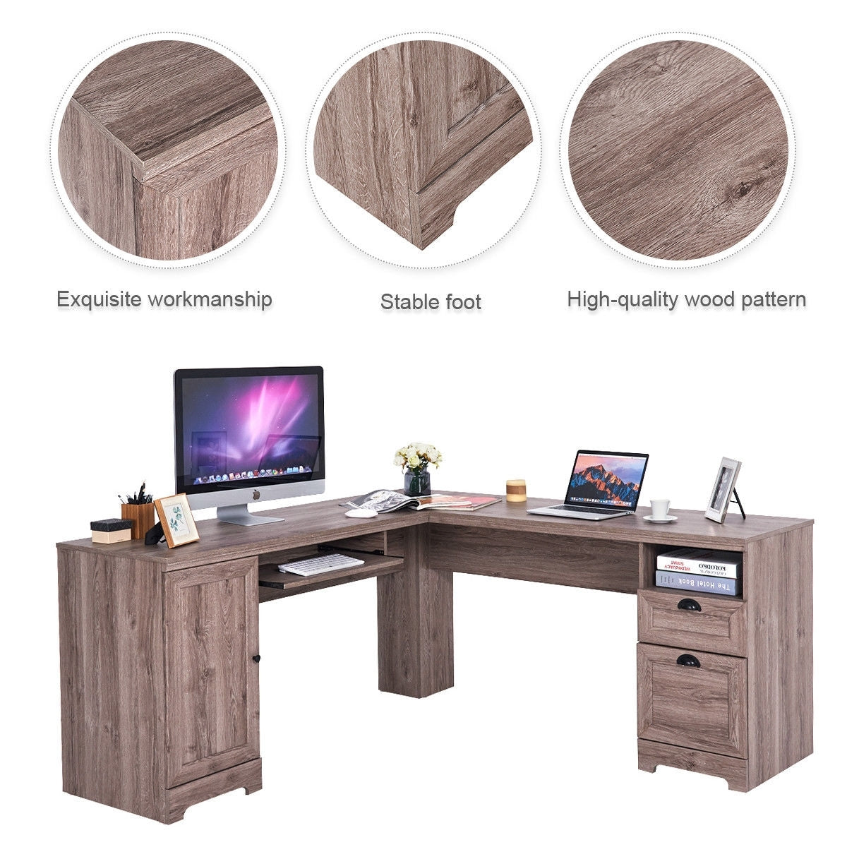 66 Inch L-Shaped Writing Study Workstation Computer Desk with Drawers-GrayÂ